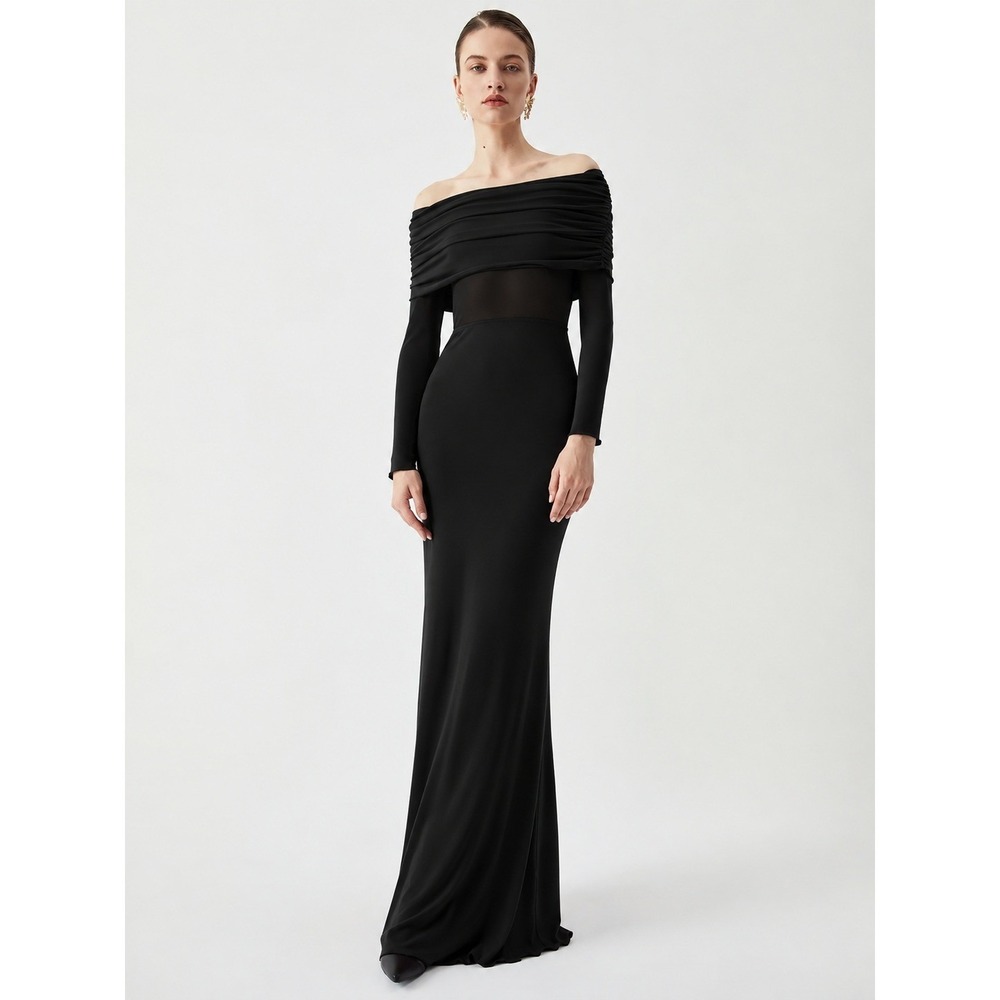 COMMENSE Black Semi Sheer Mesh Off Shoulder Bodycon Maxi Dress US 8-10 L NWT